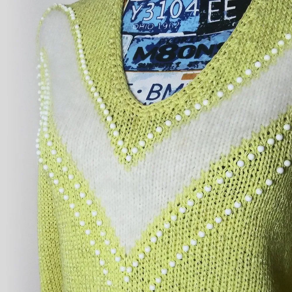 Vtg NANNELL Angora‎ V-Neck Sweater Bead Embellished Puff Sleeve Butter Yellow M